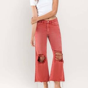 Risen Cropped Distressed Jeans Brick color